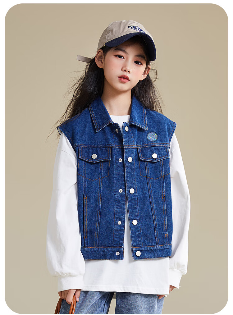 QQ DUCK Children's Denim Vest Girls' Sleeveless Jacket Youth Clothing Classic Vest Navy Blue; 165 15