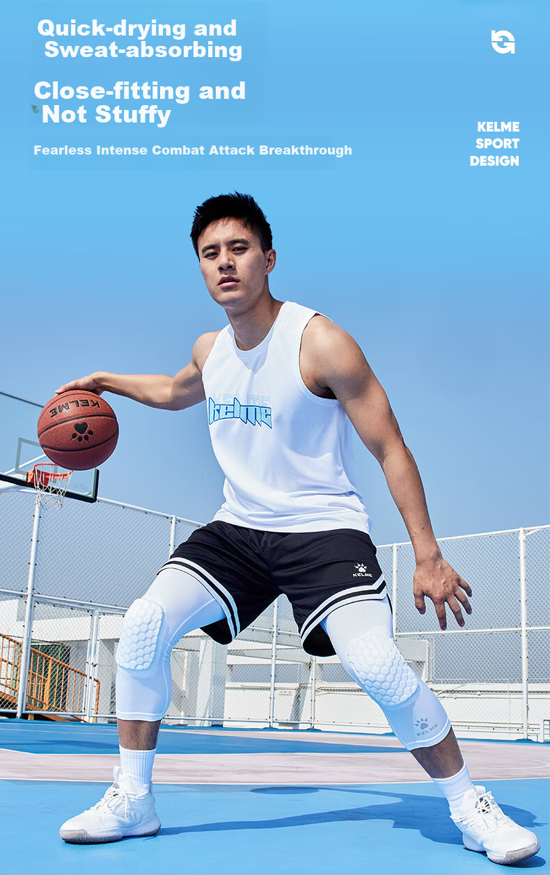 KELME Knee Pads, Basketball Three-Quarter Length Sports Compression Pants for Men, Honeycomb Anti-Collision Leg Guards, Training Base Layer Pants, Black, Size S 1