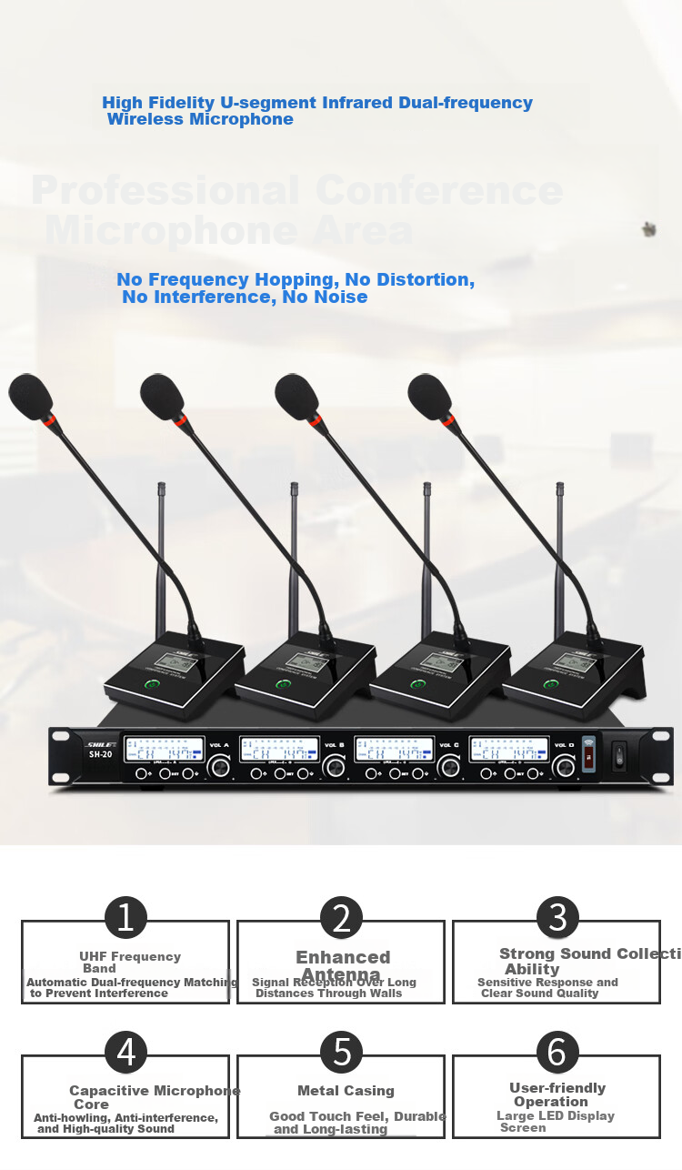 SHILE SH-20 Adjustable Frequency Version Wireless Microphone System with Four Gooseneck Handheld Microphones And Optional UHF Conference Microphones, Two Handheld And Two Gooseneck Microphones 1