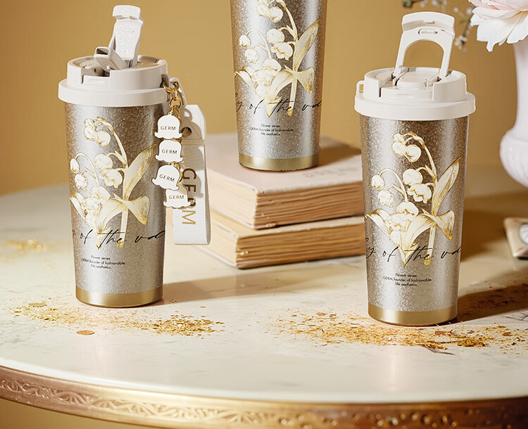 Germ Pure Titanium Insulated Mug, Van Gogh Co-Branded Dual Drinking Straw Coffee Water Cup, Goddess Gift Titanium Cup 500ML Lily of The Valley 16