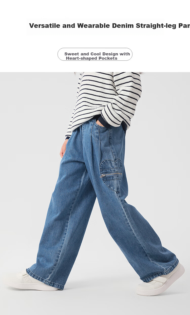 BALABALA Girls' Pants, Children's Jeans, 2025 Spring Style, Heart Pocket Design, Straight-Leg Trousers, 208125108003 1