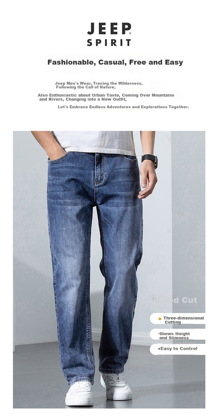 JEEP SPIRIT Men's Straight-Leg Jeans, Autumn Pants, Casual Trousers for Men, Loose Wide-Leg Trendy Long Pants, Blue, Size 36 2