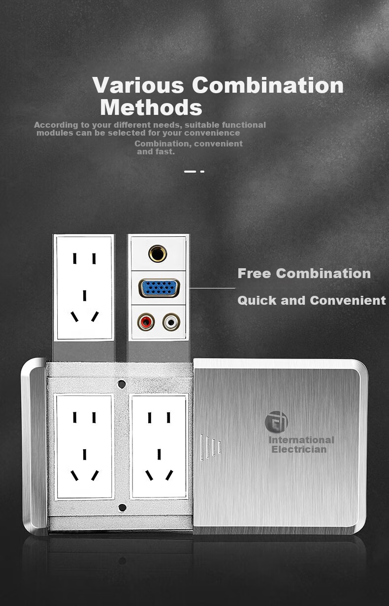 FDD Floor Socket, Hidden Flat Push-Type Floor Socket, Ultra-Thin Sliding Cover, Stainless Steel Waterproof Push-Pull Floor Socket Box, Silver, Five Holes 1