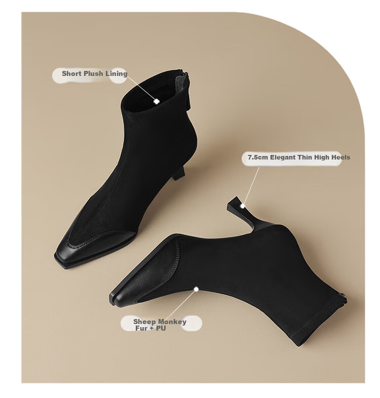 ZHR High Heel Ankle Boots for Women, Elegant Thin Heel Fleece-Lined Boots, Versatile Square-Toe Commuter Boots Y1007A Black Size 38 1