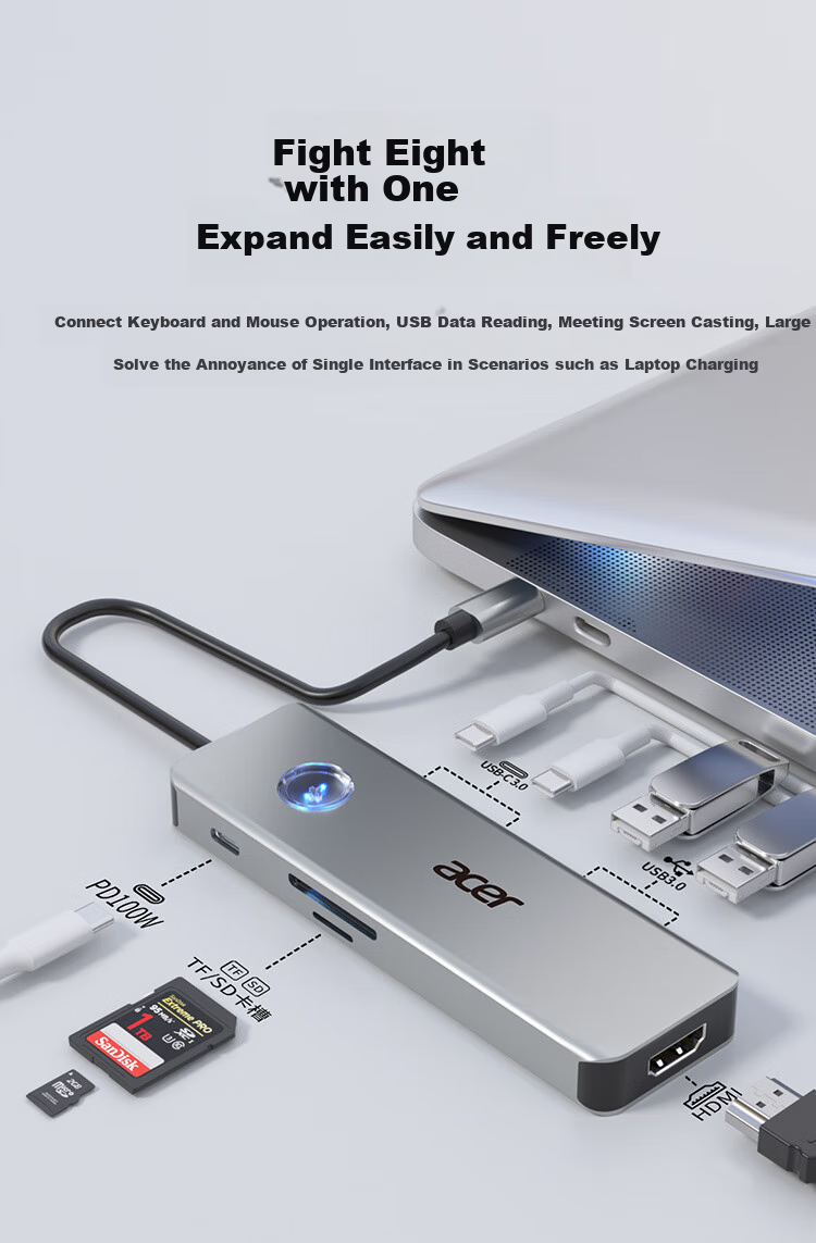 Acer Type-C 8-In Expansion Dock USB3.0 Hub HDMI Compatible with Huawei Android Laptops MacBook Converter with Card Reader Adapter 3