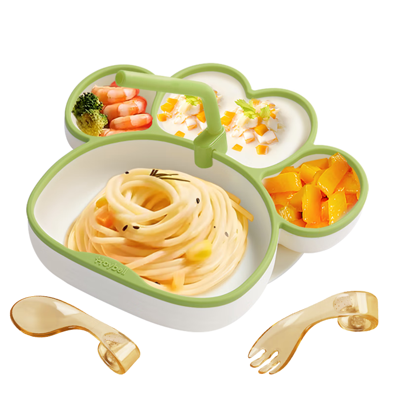 HOY BELL Baby Dining Plate with Suction Cup, Silicone Children's Cutlery, Learning to Eat Divided Feeding Bowl, Green Fork And Spoon 3-Piece Set