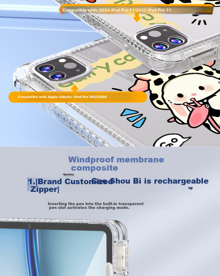 HBOALG Compatible with Apple IPad Pro Case, Cartoon Protective Cover for Apple IPad Pro 2024 New 11-Inch Model with Air Cushion, Pencil Holder, Ultra-Thin Shockproof Soft Case 10