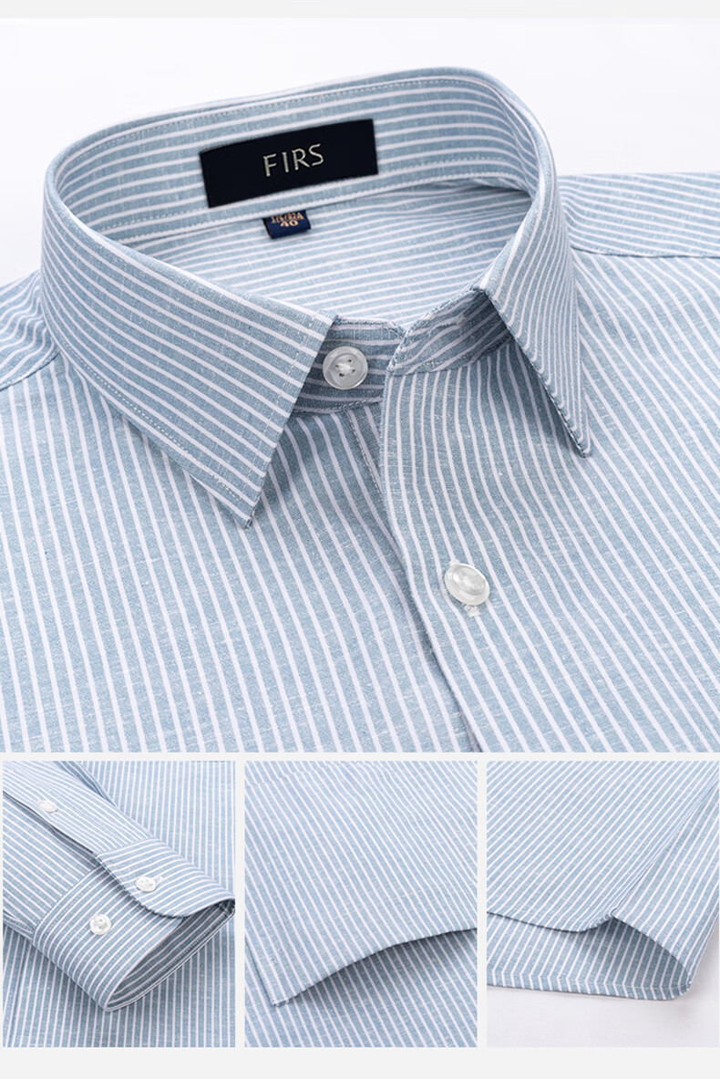 FIRS Men's Long Sleeve Business Casual Striped Shirt with Linen and Lyocell, Gray, Size 40 14