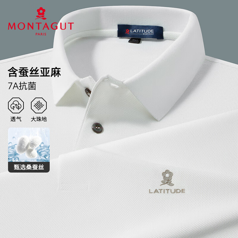 MONTAGUT Men's Short Sleeve Polo Shirt Summer Silk Cotton Breathable Skin-Friendly T-Shirt White 2XL/54