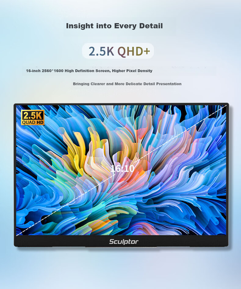 Sculptor 15.6-Inch Portable Monitor, 2K Resolution, 120Hz Refresh Rate, 100% SRGB Color Gamut, Secondary Screen for Computer, Laptop, Switch, Phone, PS5 Expansion Display MF16LQ 3