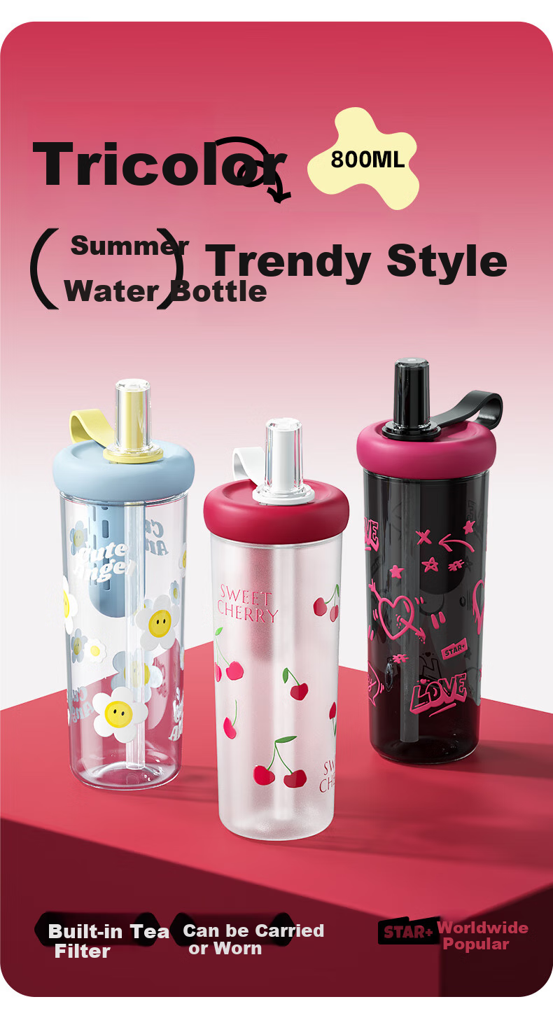 Shidajia Water Bottle for Women, Summer Tea Infuser Large Capacity Straw Cup, Stylish Portable Sports Water Bottle, High Temperature Resistant Plastic Cup 1