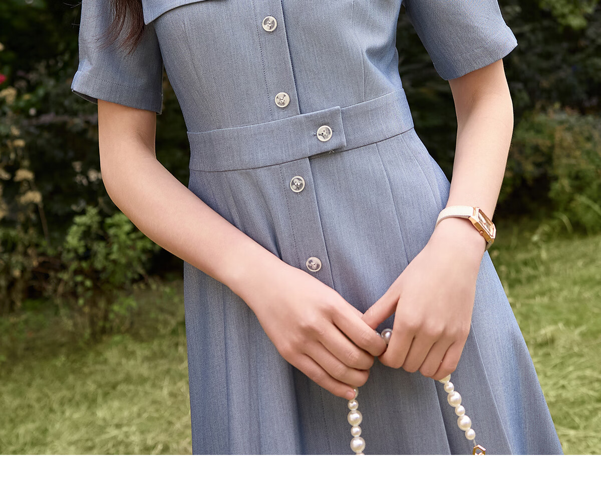 Chushen Summer Short-Sleeve Dress for Women, Retro Color-Block Lapel, Waist-Cinching Slimming, Commuter Casual Dress S52Q036 11