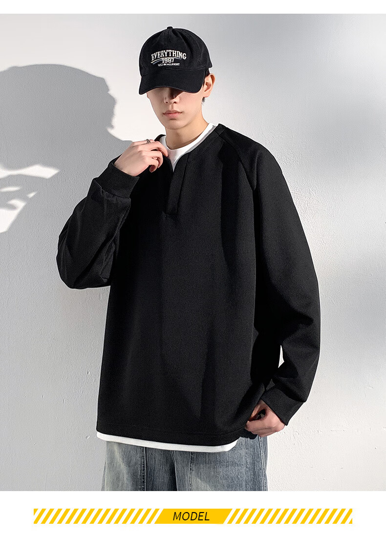 Foss Phil Men's Sweatshirt, Spring And Autumn Korean Style Patchwork Versatile Fake Two-Piece Casual Inner Layer Base Top, 2504 Black XL 11
