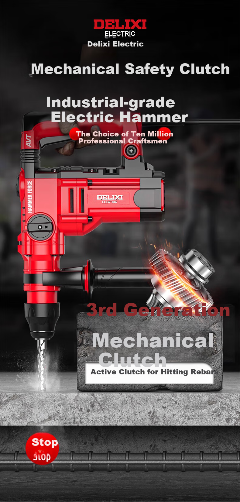 DELIXI Electric Hammer, Chisel And Drill High-Power Three-In Impact Drill Concrete Household Multi-Functional Power Tool Plug-In Electric Hammer 1