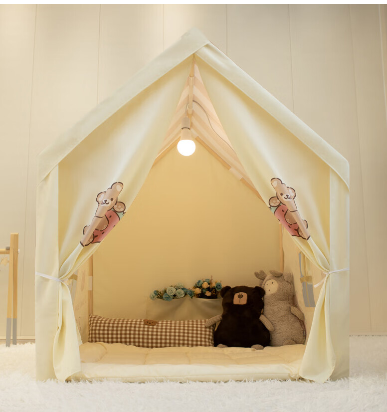 Mushroom Elephant Kids Indoor Play Tent Bear Print Birthday Gift Fun House with Star Lights, Bunting, and Thick Mat 11
