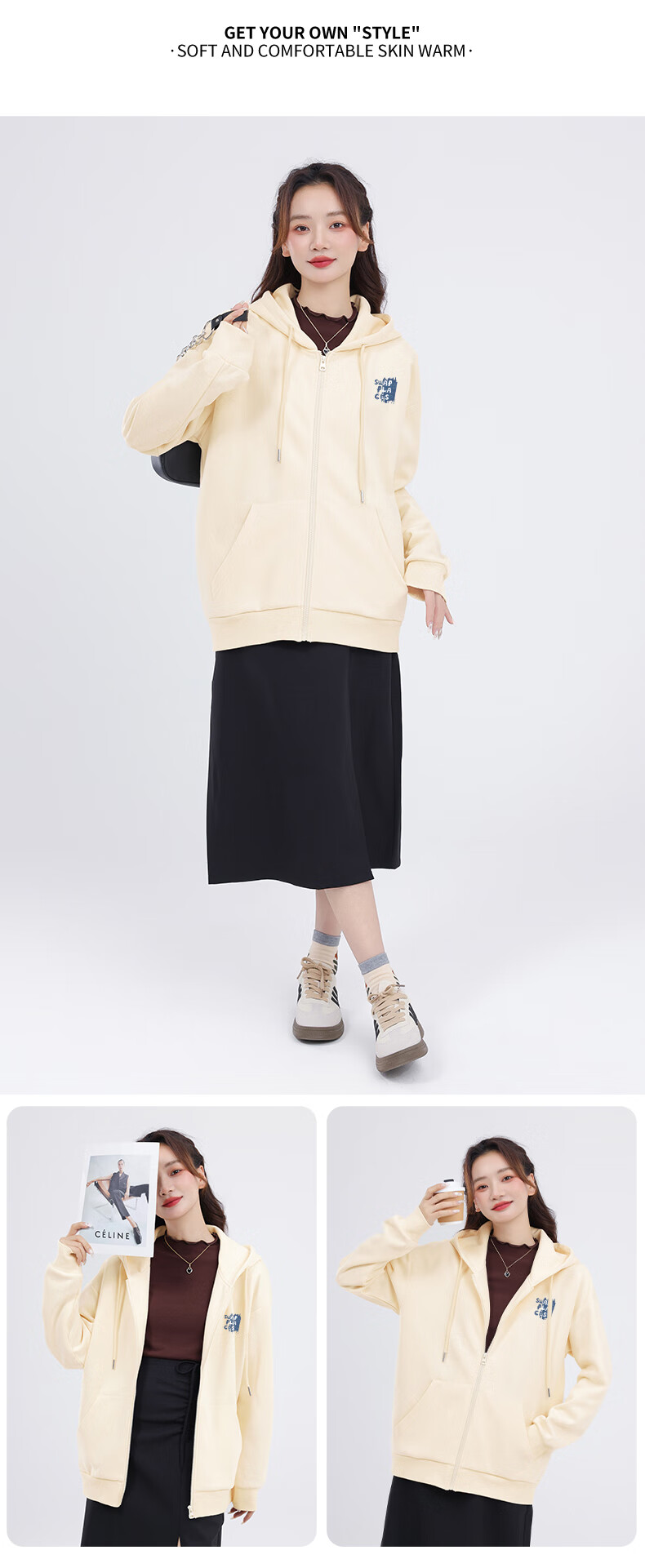 MJ STYLE Hooded Sweatshirt Jacket for Women, New Autumn 2026 Style, Solid Color Simple Casual Loose Versatile Cardigan Top 9