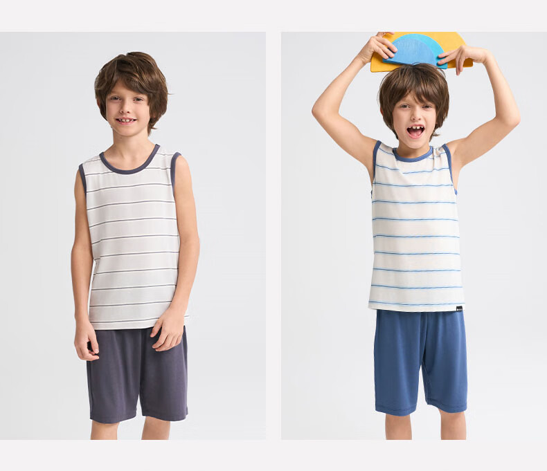 AIMER KIDS Boys' Loungewear Set: Modal Striped Tank Top And Shorts - Blue And White Stripes, Size 130 18