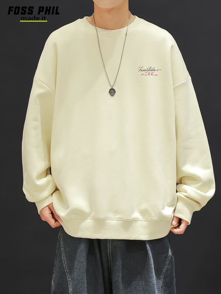 Foss Phil Men's Sweatshirt, Spring And Autumn Loose Fit, Printed Round Neck, Casual T-Shirt, Versatile Trendy Top, FPW4 Apricot Color, Size L 16