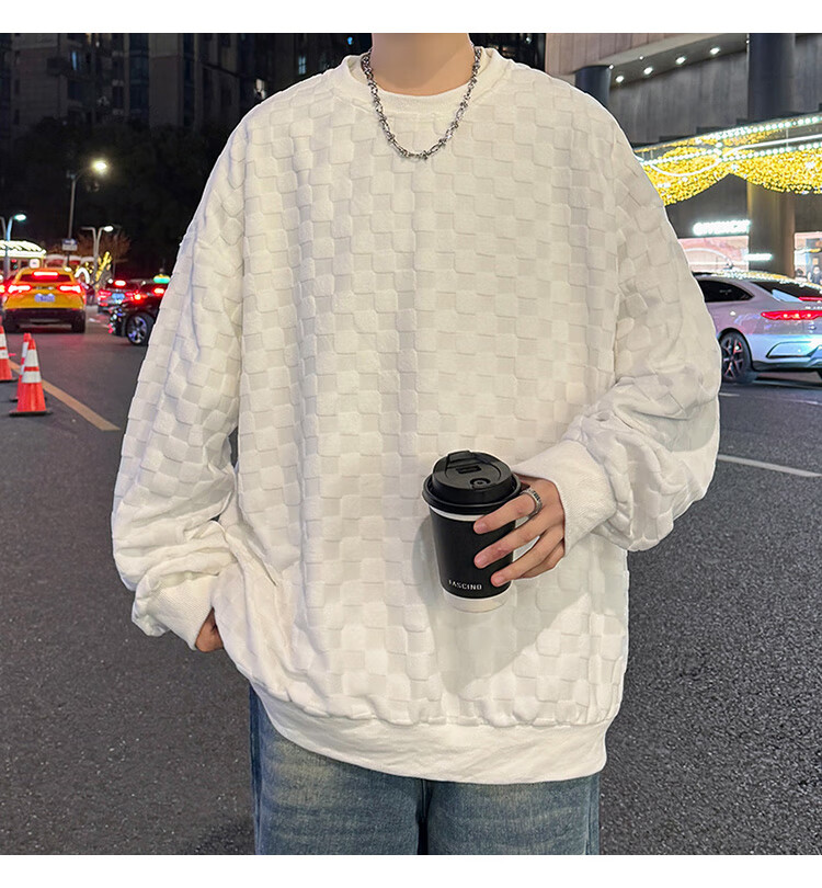 Dingfengbaoluo Japanese-Style Plaid Crew Neck Sweatshirt for Men, Spring Loose-Fitting High-End Casual Base Layer Top DFL77 Black XL 6