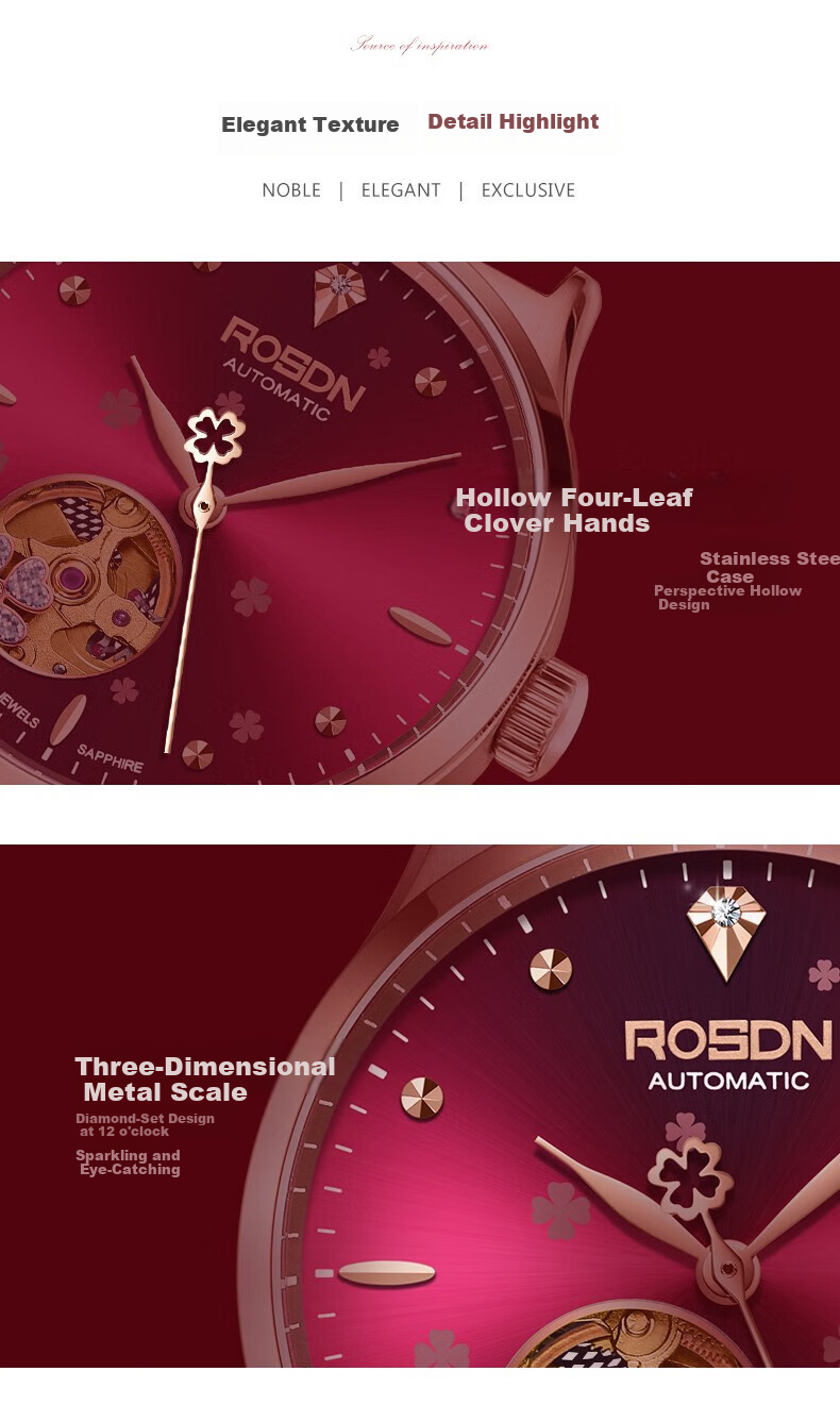 ROS DN Shihua Lucky Four-Leaf Clover Birthday Gift for Girlfriend, Women's Watch, Brand Mechanical Top Ten Watches 10