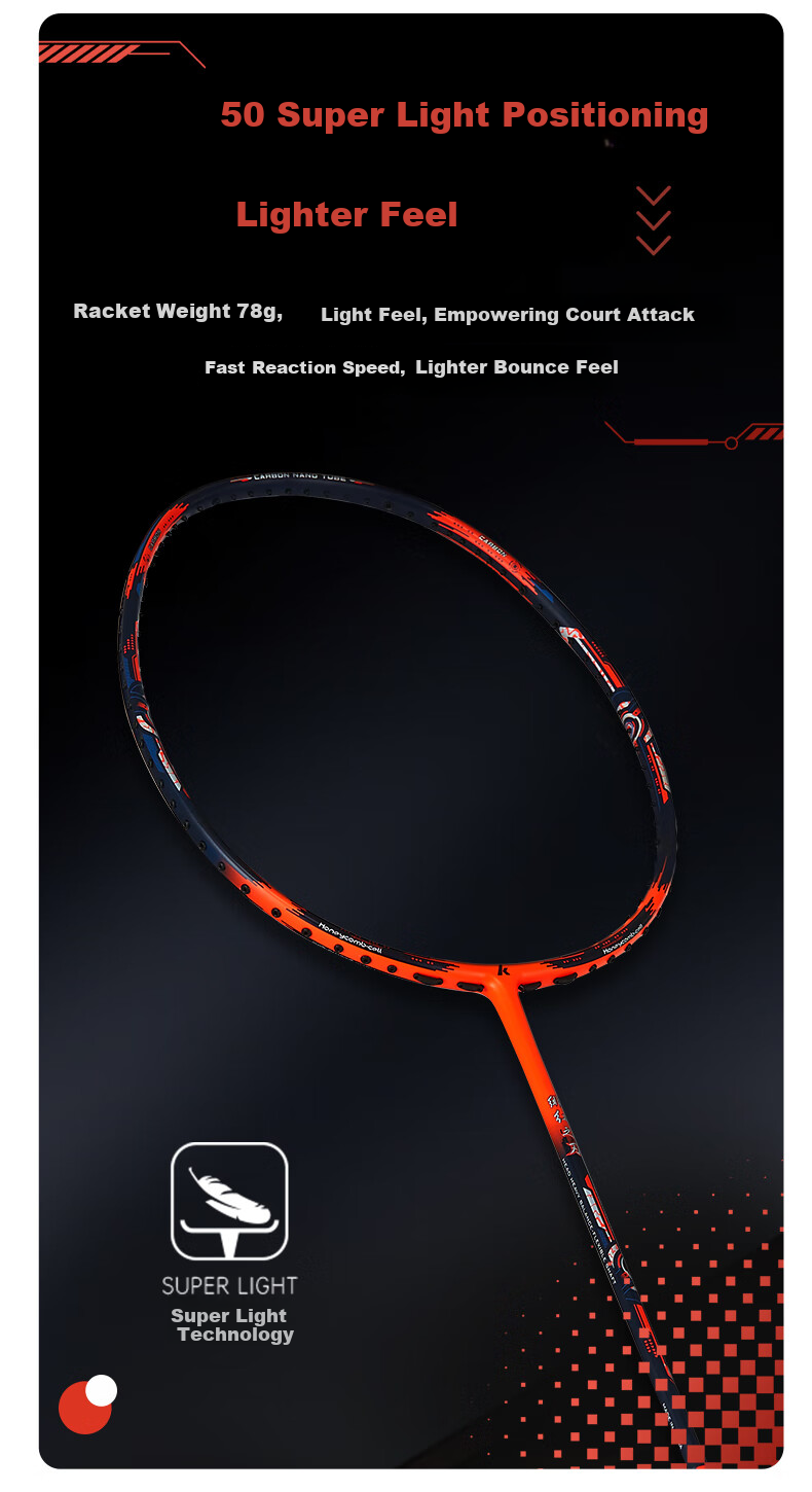 Kawasaki Badminton Racket, Full Carbon Fiber Single Racket, 5U Ultra-Light Racket, Blood Red Blade Orange-Red (Pre-Strung) 6