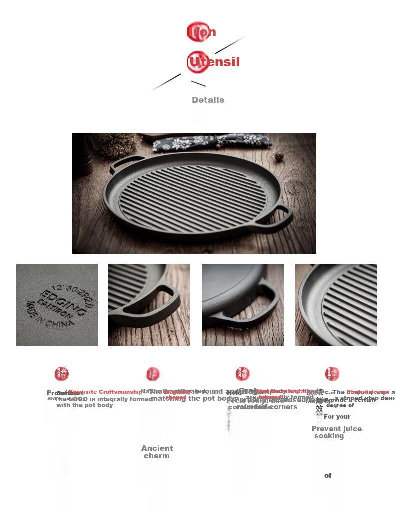 Dianjiang Cast Iron Steak Griddle, Large Size Professional Striped Steak Pan, Flat Bottom Frying Pan, Uncoated Thickened Barbecue Plate, 30cm 7
