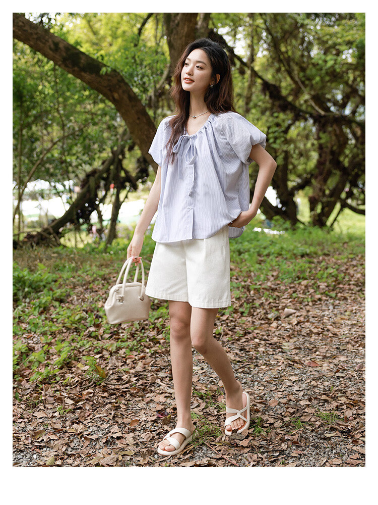 Dme [Academic Style Striped Shirt] Summer Youthful Lantern Sleeve Collar Butterfly Stripe Short-Sleeve Women's Shirt 10