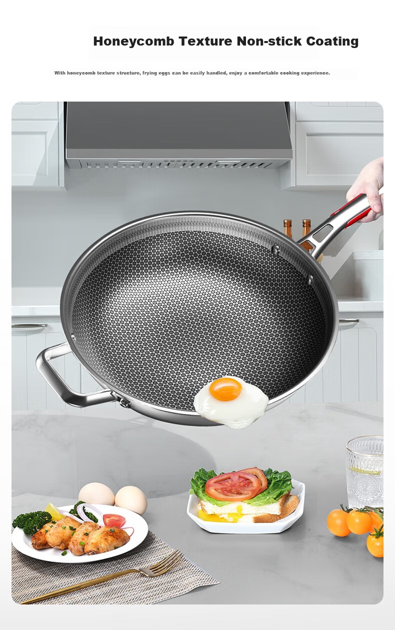 KOBACH Non-Stick Wok, 316L Stainless Steel Frying Pan, 34cm Extra Large Size, Low Smoke, Flat Bottom, Suitable for Gas And Induction Stoves 3