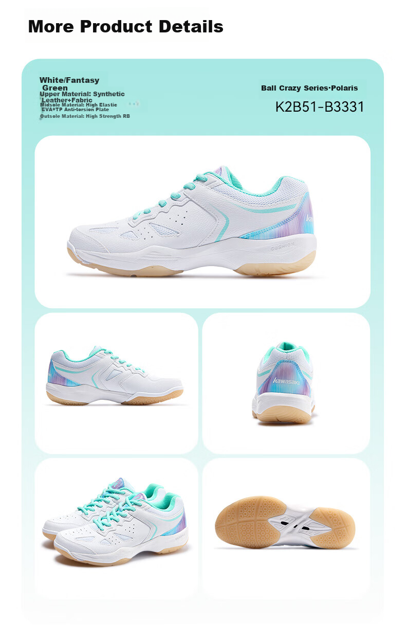 KAWASAKI Badminton Shoes, Shock-Absorbing, Wear-Resistant, Breathable Sports Shoes B3331, White/iridescent Green, Size 40 11