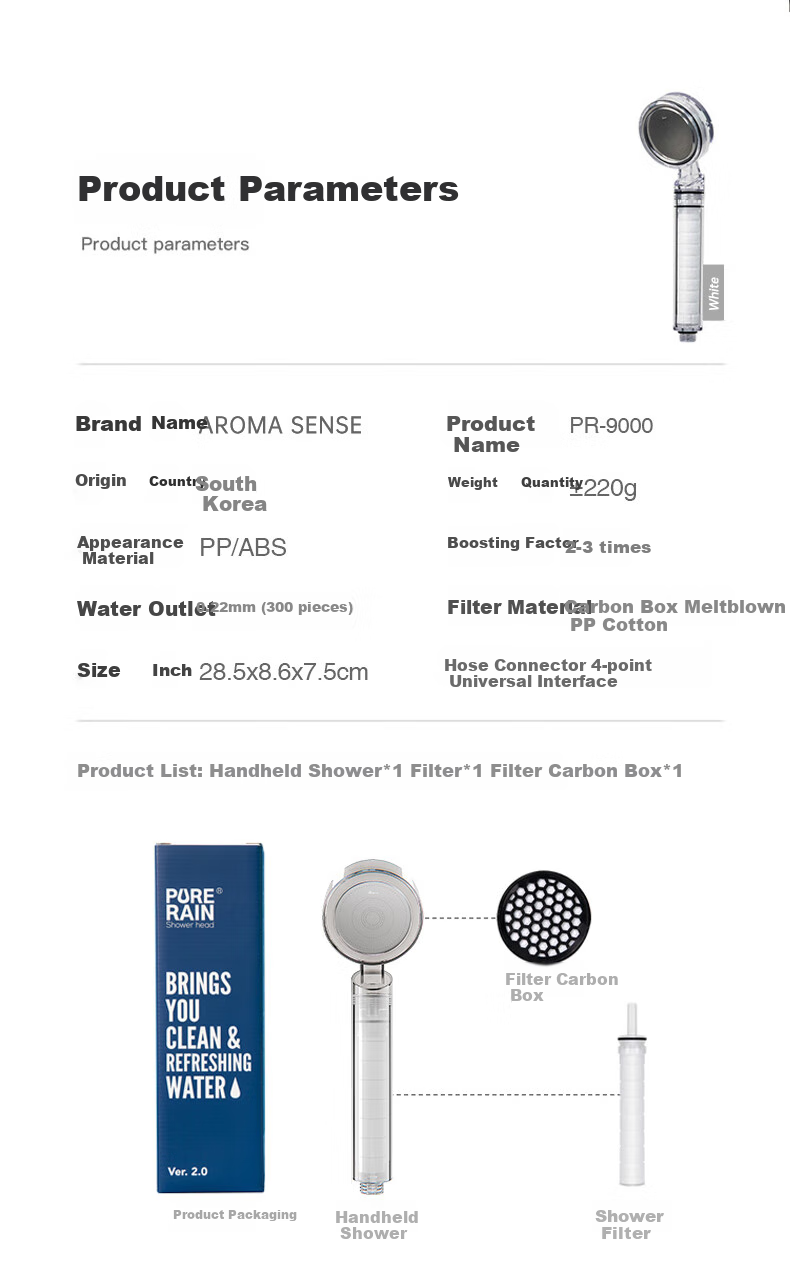 Aroma Sense Pressurized Filtered Shower Head Chlorine Removal Water Purifier Korean Imported PR9000 Carbon Cartridge Set 10