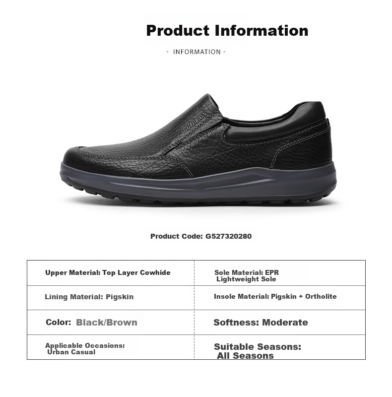 Goldlion Men's Business Casual Leather Shoes, Lightweight Comfortable Slip-On Loafers G527320280AAB, Black, Size 42 12