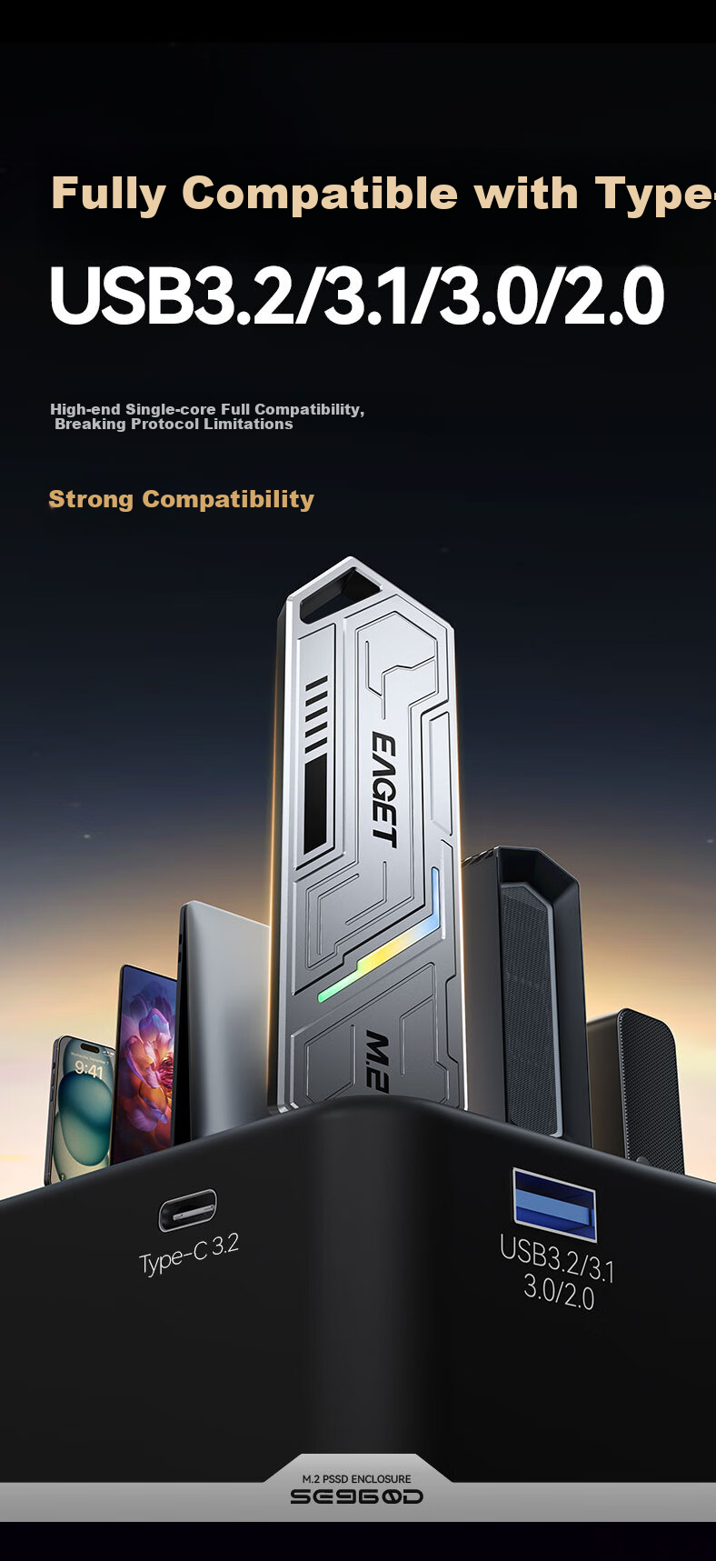 EAGET M.2 NVME/SATA Dual-Protocol SSD Enclosure, USB3.2/Type-C Interface, Compatible with Laptop And Desktop, External SSD Case SE960D 7