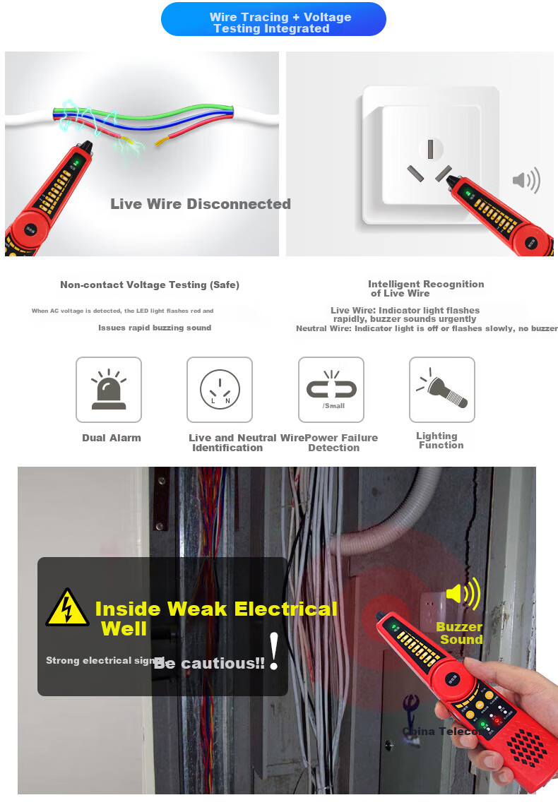 Wanglutong Network Cable Tester, Multifunctional Wire Tracer, POE Detector, 60V Voltage Resistance, Anti-Interference, Electric Voltage Tester, Cable Tracker CT-55 4