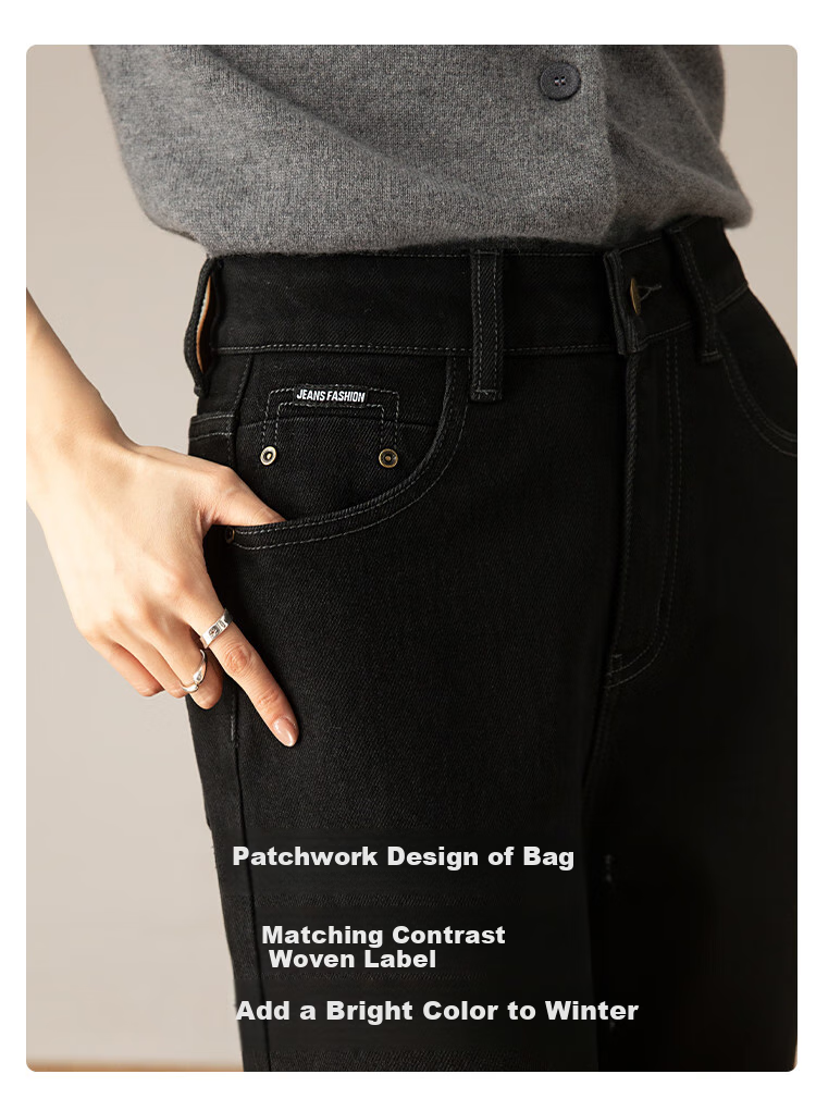 Dme All-In Warm Fleece Jeans, Black High-Waist Loose Slim Straight-Leg Pants for Women, Winter Style, Black Fleece-Lined, Size 28 4