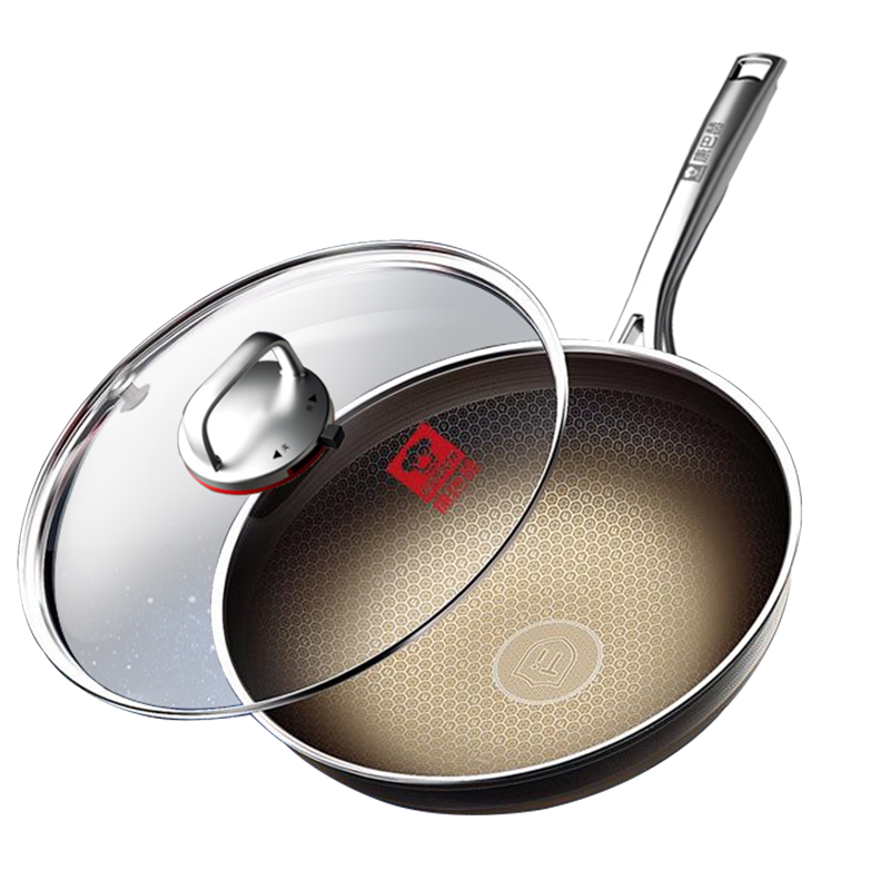 KBH Seventh Generation Non-Stick Wok with Titanium Honeycomb Pattern, Household Flat-Bottom Frying Pan, 30cm, Compatible with Induction Cookers