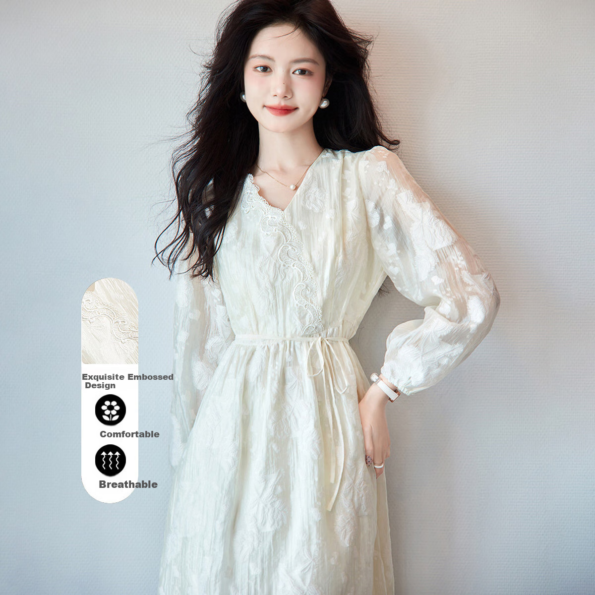Dme [Light Luxury Jacquard A-Line Skirt], Spring And Autumn V-Neck Waist-Cinching Lace X-Shaped Midi Dress for Wome