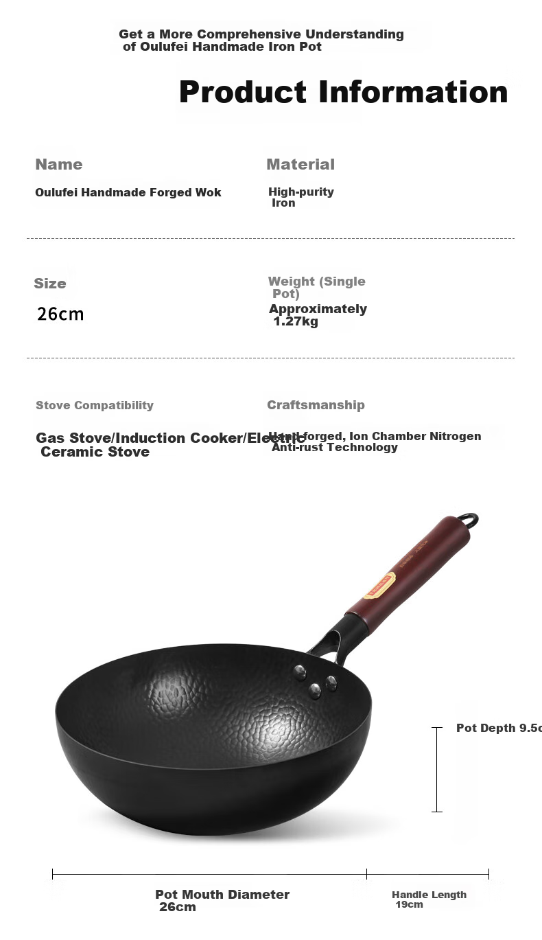 OLOFE Mini Small Iron Wok, Zhangqiu Hammering Craft, Non-Coated, for 1-3 People, Baby Food Cooking Pan, Refined Iron, 26cm 4