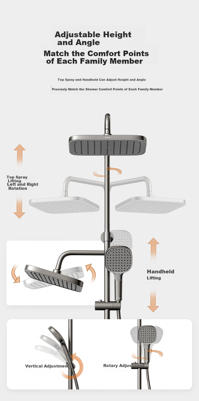 ARROW Shower Head, Gunmetal Gray Digital Display Piano Key Shower Head, Handheld High-Pressure Spray Nozzle 20