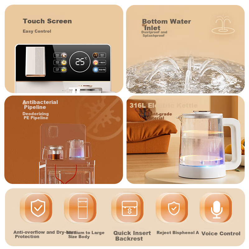 MeiLing Smart Voice Tea Bar Machine for Home Use with Touch Control Color Screen, Office Standing Water Dispenser with Anti-Overflow Electric Kettle, Large Bottom Water Tank MY-M611 Small Fountain 2.0
