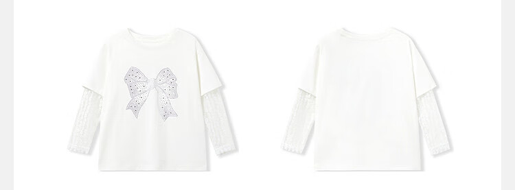 ASK JUNIOR Children's T-Shirt with Two Layers, Spring 2026 Girls' Butterfly Bow Lace Long-Sleeve Base Round Neck Top, Off-White, Size 130 5