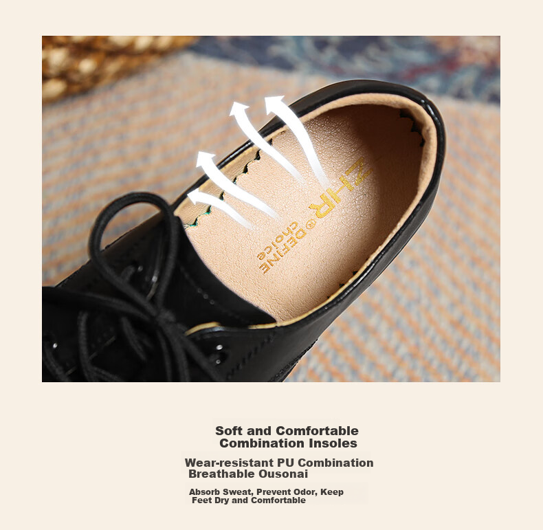 ZHR British Style Women's Leather Shoes with Round Toe And Lace-Up, Genuine Leather Chunky Heel Pumps AY127 Black Size 37 8