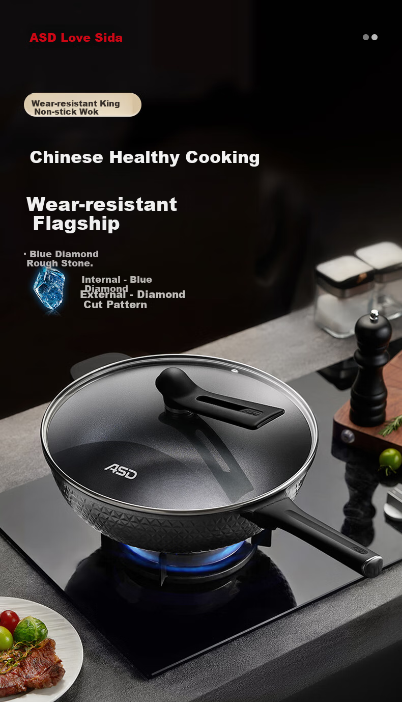 ASD Wok 32cm Blue Diamond Non-Stick Pan for Home Use, Wear-Resistant Flat Bottom Thickened Magnetic Bottom Stir-Fry Pan Universal CL32A21WGT 1