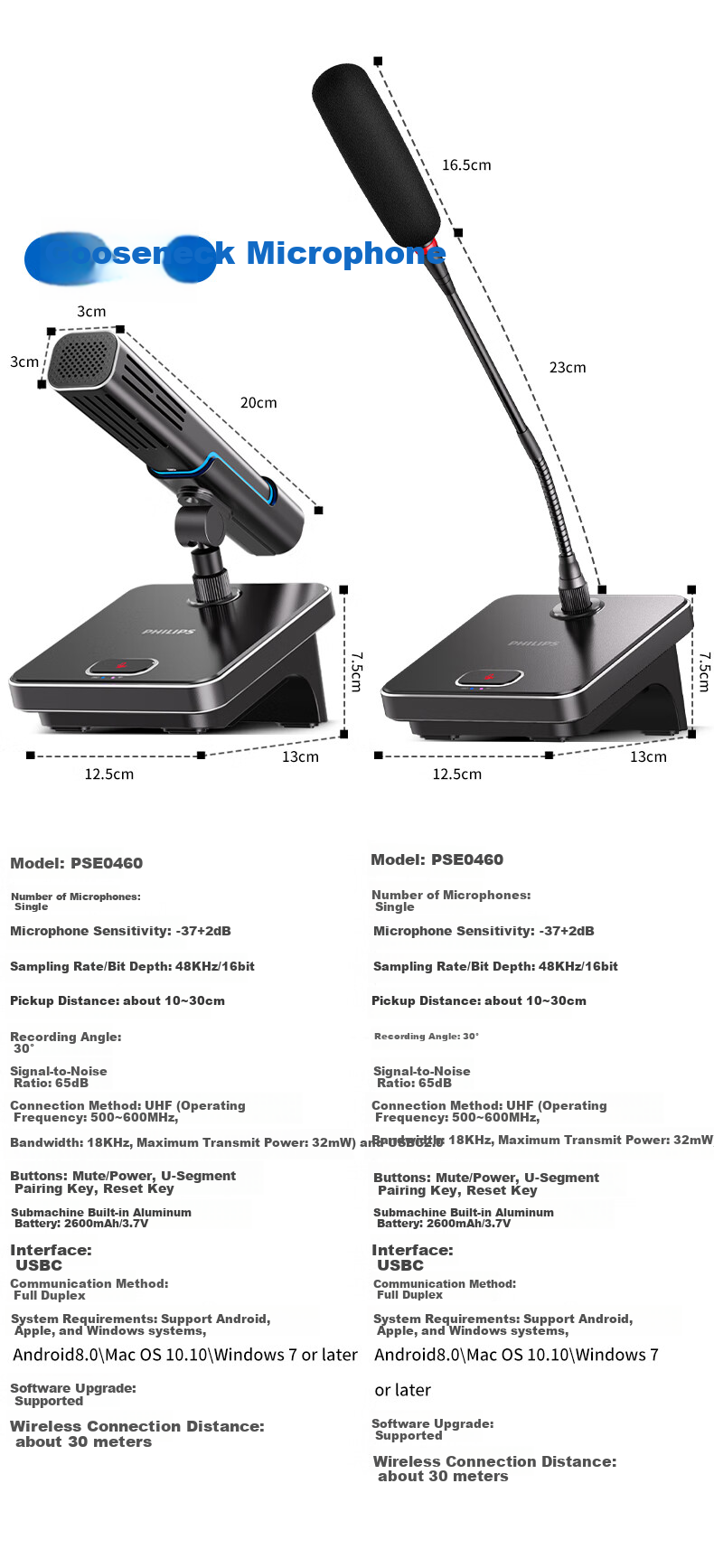 PHILIPS PSE0450 U-Segment Wireless Gooseneck Microphone, AI Noise Reduction, Full-Duplex Communication, Video Conferencing, Speech, Condenser, 16-Bit 48kHz USB 19