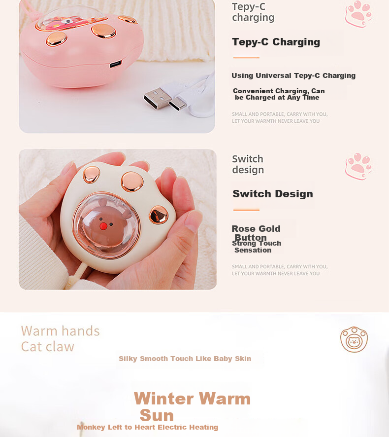 Dipuer Cat Paw Hand Warmer for Women, Rechargeable Hand Warmer Egg for Students And Children, Mini Portable Menstrual Belly Warmer - White 5