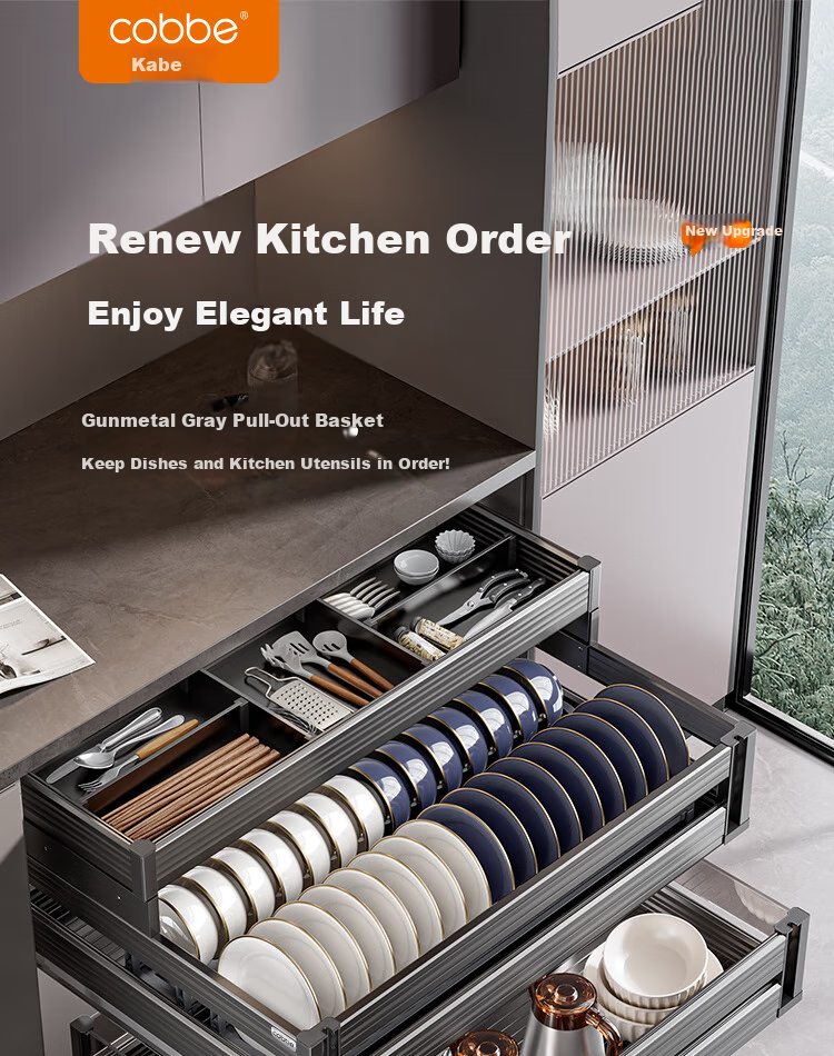 Cobbe Kitchen Pull-Out Basket Cabinet Drawer-Style Three-Tier Aluminum Alloy Bowl Rack, Pot And Chopstick Storage Shelf, Dish Organizer 4