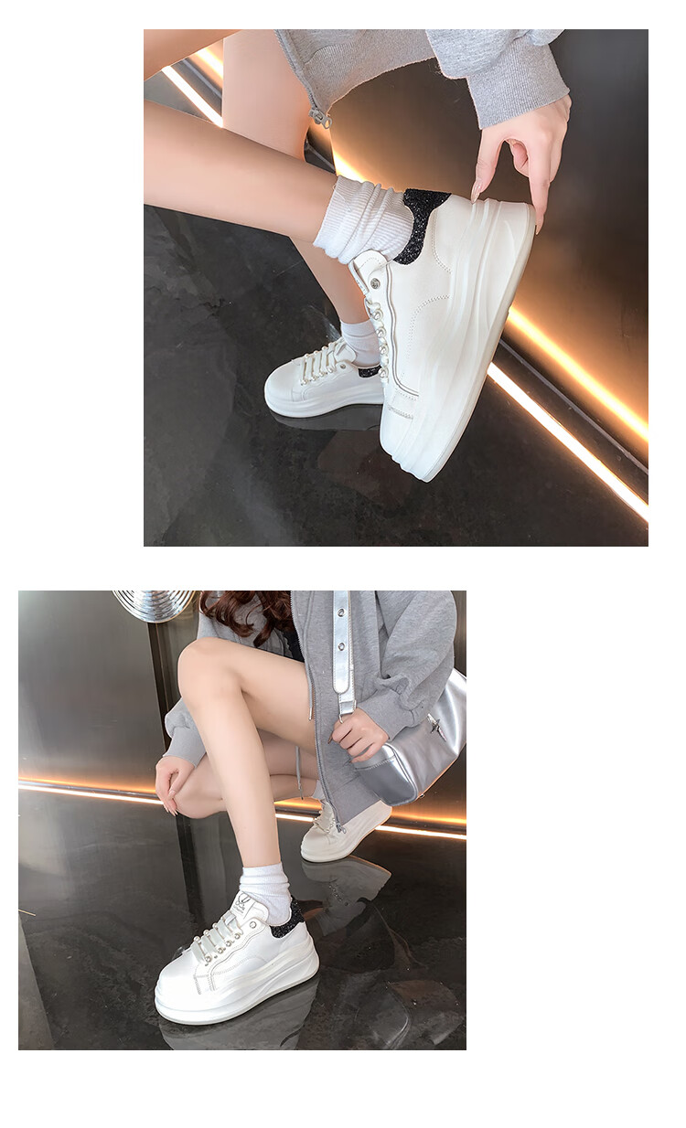 La Chapelle Women's Sneakers, Thick-Soled White Shoes, Versatile Pearl Lace-Up Sports White Shoes-JX005 Silver 39 8