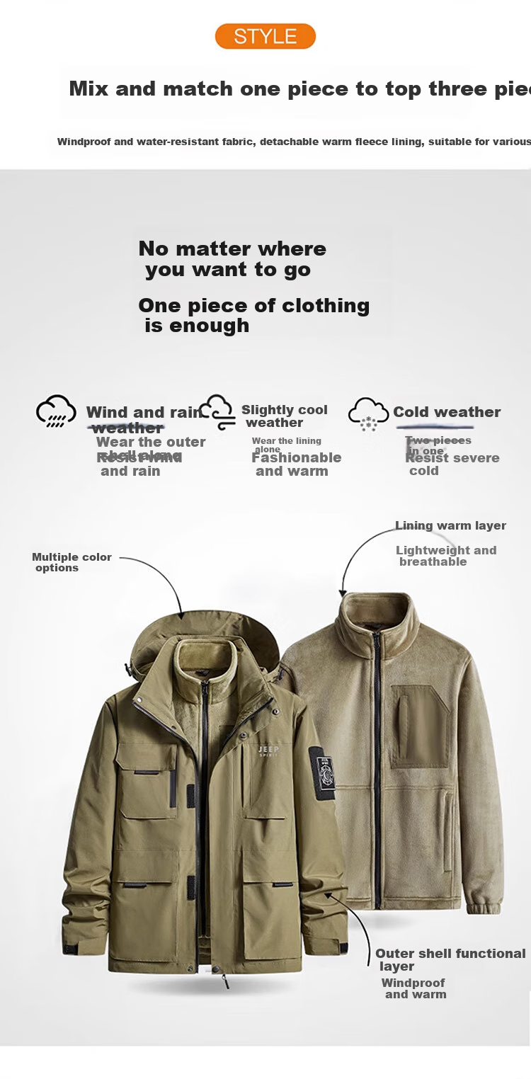 JEEP SPIRIT Men's Jacket, Autumn And Winter Korean Style Coat, Men's Three-In Detachable Outerwear, Khaki, L 2