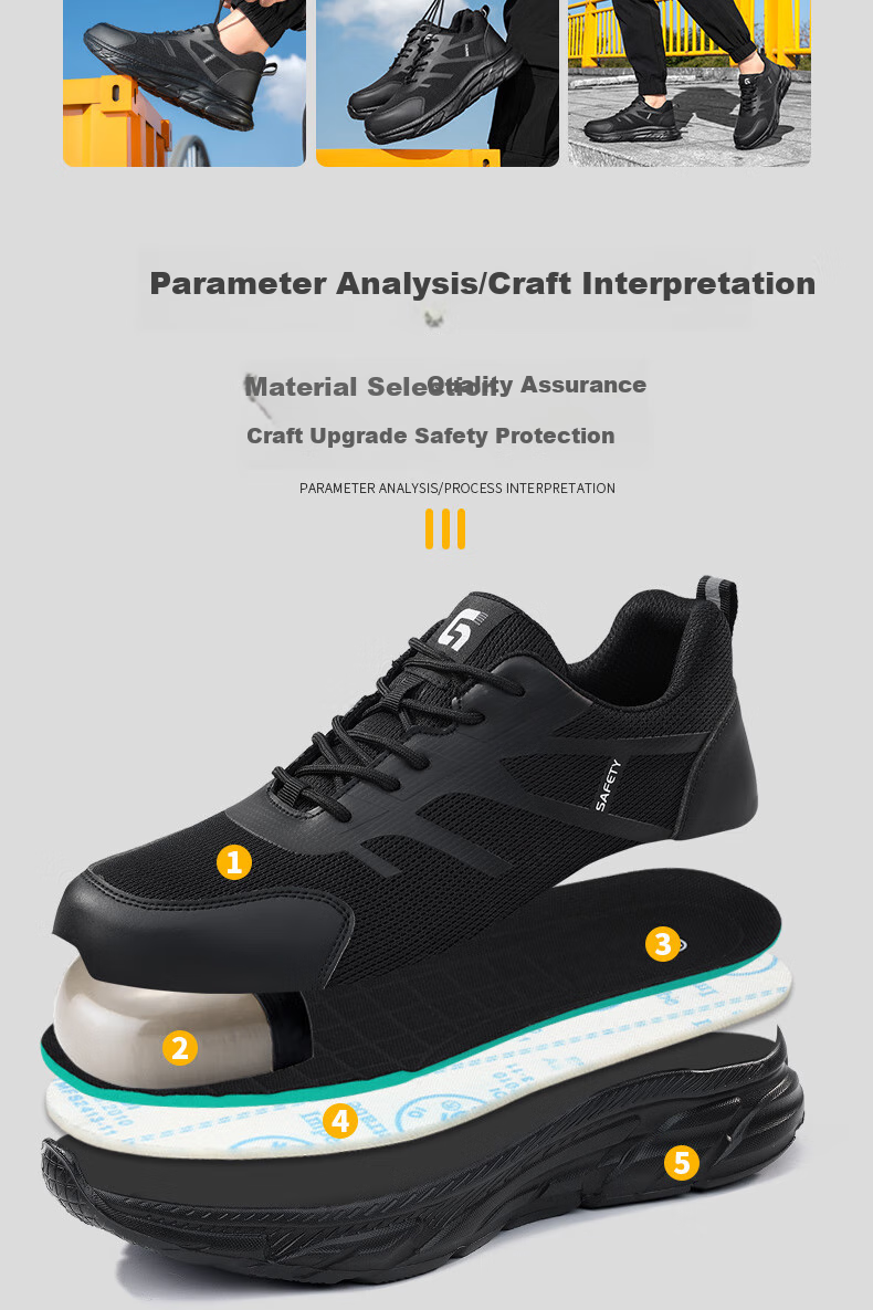 JUNBU Safety Shoes for Men, Steel Toe Cap, Puncture-Resistant, Breathable, Ultra-Light Soft Sole Work Safety Shoes 0217T Size 44 4