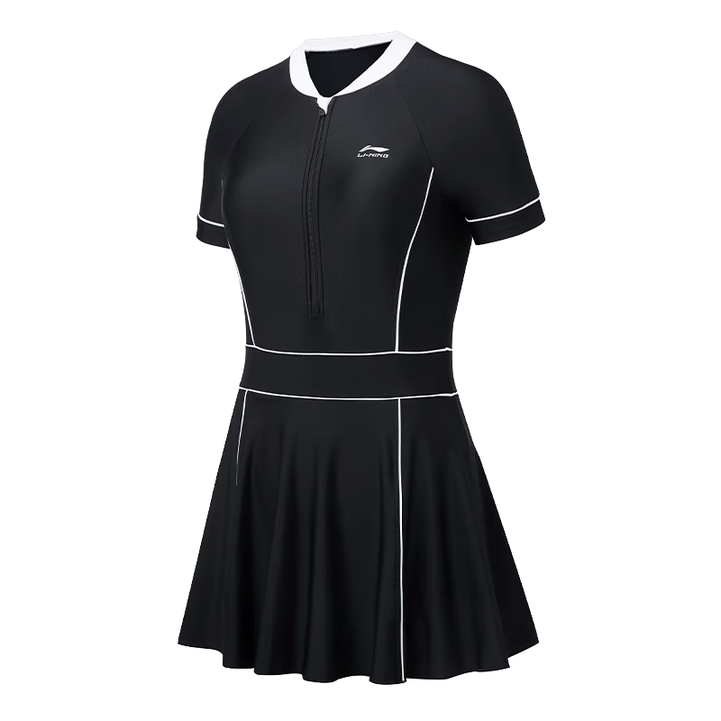 Li-Ning Women's One-Piece Skirt Swimsuit Slimming Chlorine-Resistant Quick-Dry Spa Swimwear Black M