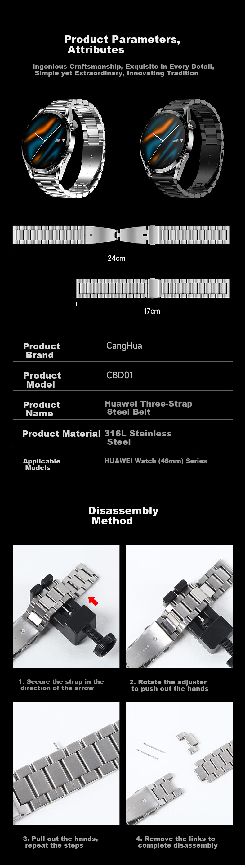 CangHua Compatible with Huawei Watch 5 Strap, Suitable for GT6/GT6Pro/GT5/5Pro/GT4/GT3/GT2/Watch4Pro/3 Metal Stainless Steel Three-Casting Steel Men's Wristband 3